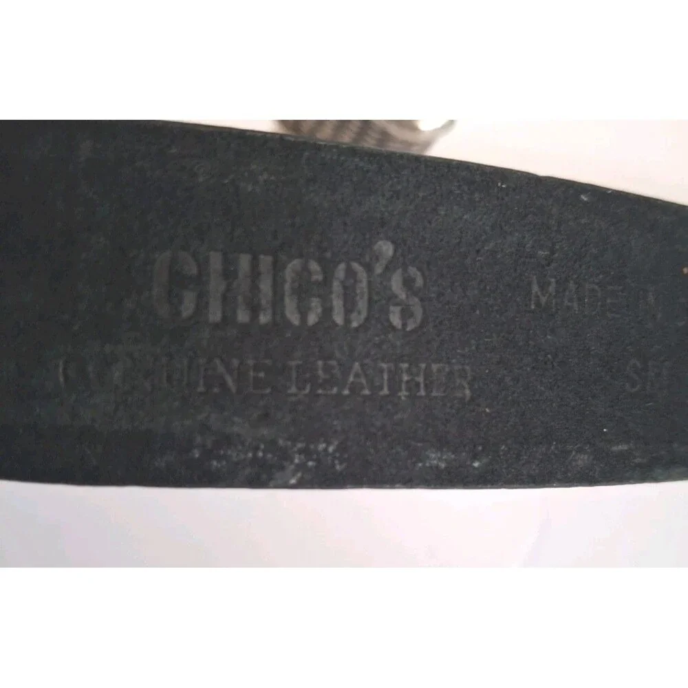Chico's Black Leather Belt Size S/M with Silver Rope-Style Toggle Hook Buckle